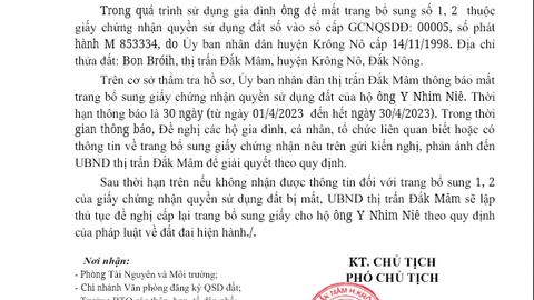 THÔNG BÁO Về việc mất trang bổ sung Giấy chứng nhận quyền sử dụng đất của hộ GĐ ông: Y Nhim Niê - Bon Broih