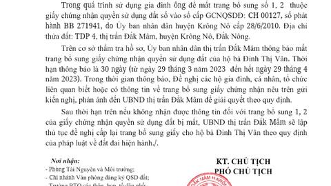 THÔNG BÁO Về việc mất trang bổ sung Giấy chứng nhận quyền sử dụng đất của hộ GĐ bà: Đinh Thị Vân