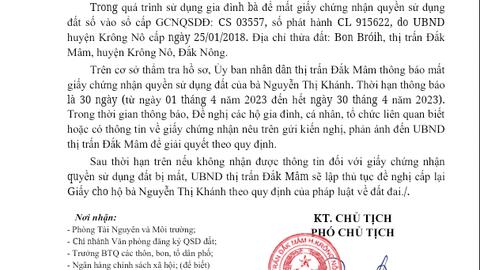 THÔNG BÁO Về việc mất trang bổ sung Giấy chứng nhận quyền sử dụng đất của hộ GĐ bà: Nguyễn Thị Khánh - Bon Broih