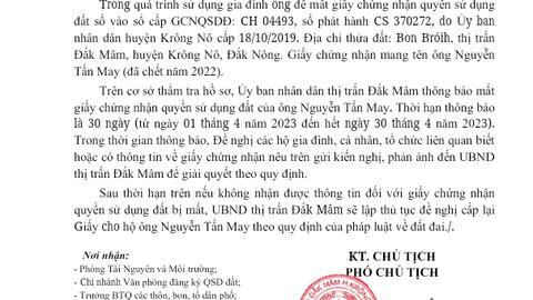 THÔNG BÁO Về việc mất trang bổ sung Giấy chứng nhận quyền sử dụng đất của hộ GĐ ông: Nguyễn Tấn May