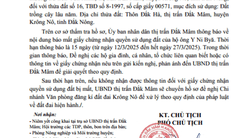THÔNG BÁO VỀ VIỆC MẤT GIẤY CHỨNG NHẬN QUYỀN SỬ DỤNG ĐẤT