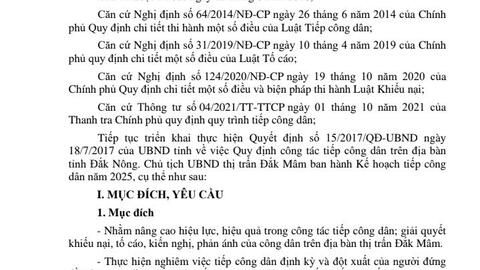 KẾ HOẠCH TIẾP CÔNG DÂN THƯỜNG XUYÊN VÀ ĐỊNH KỲ NĂM 2025